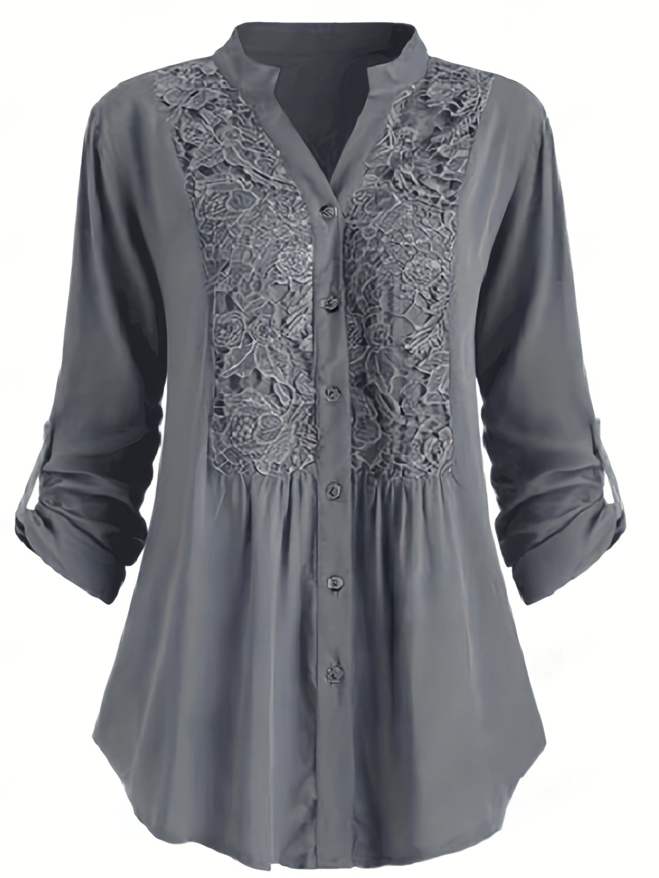 Vintage Lace Splicing Button Front Blouse - Half Sleeve Notched Neck Top