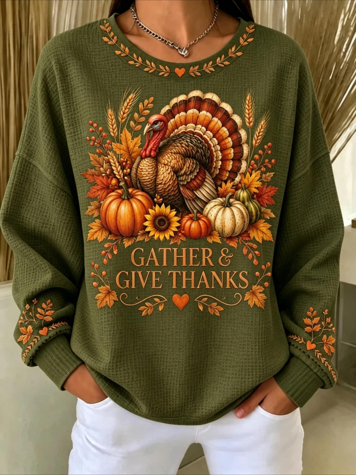 Halloween Printed Crew Neck Waffle Pattern Long Sleeve Sweater Hoodie
