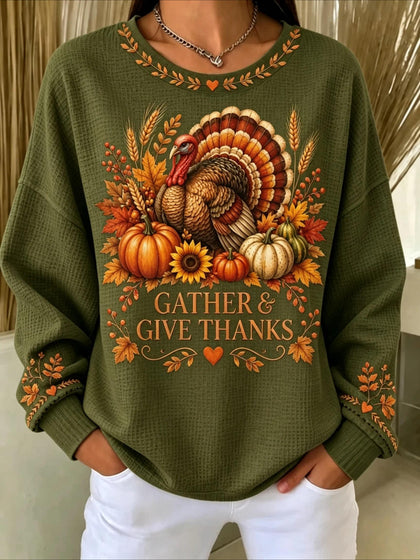 Halloween Printed Crew Neck Waffle Pattern Long Sleeve Sweater Hoodie