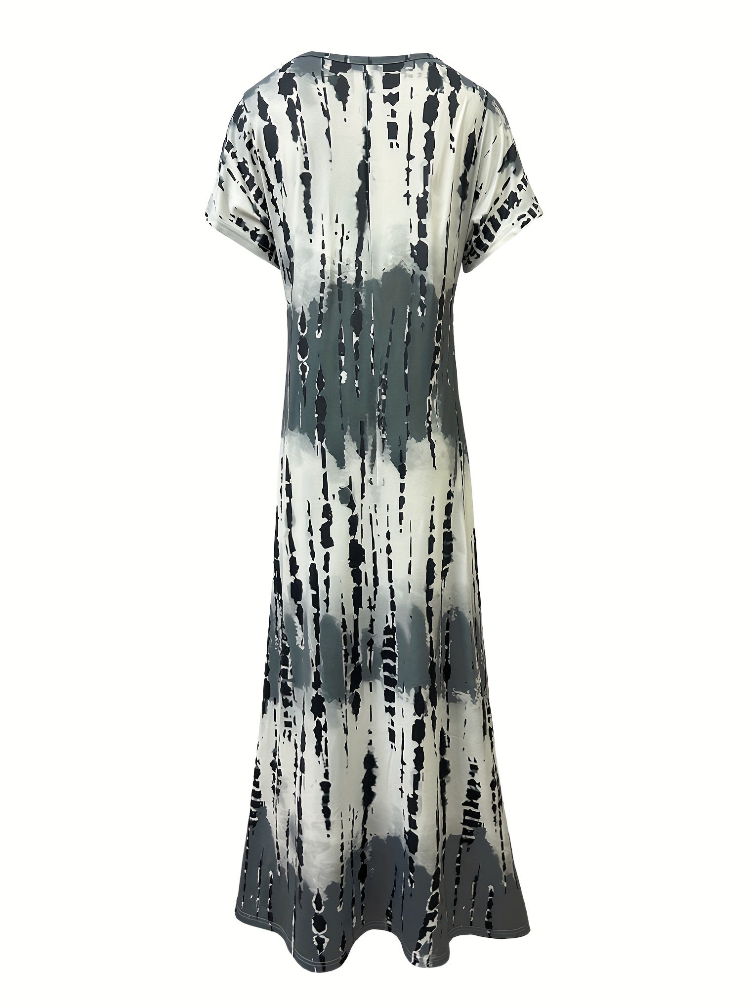 Tie Dye V-neck Dress, Elegant Split Short Sleeve Dress