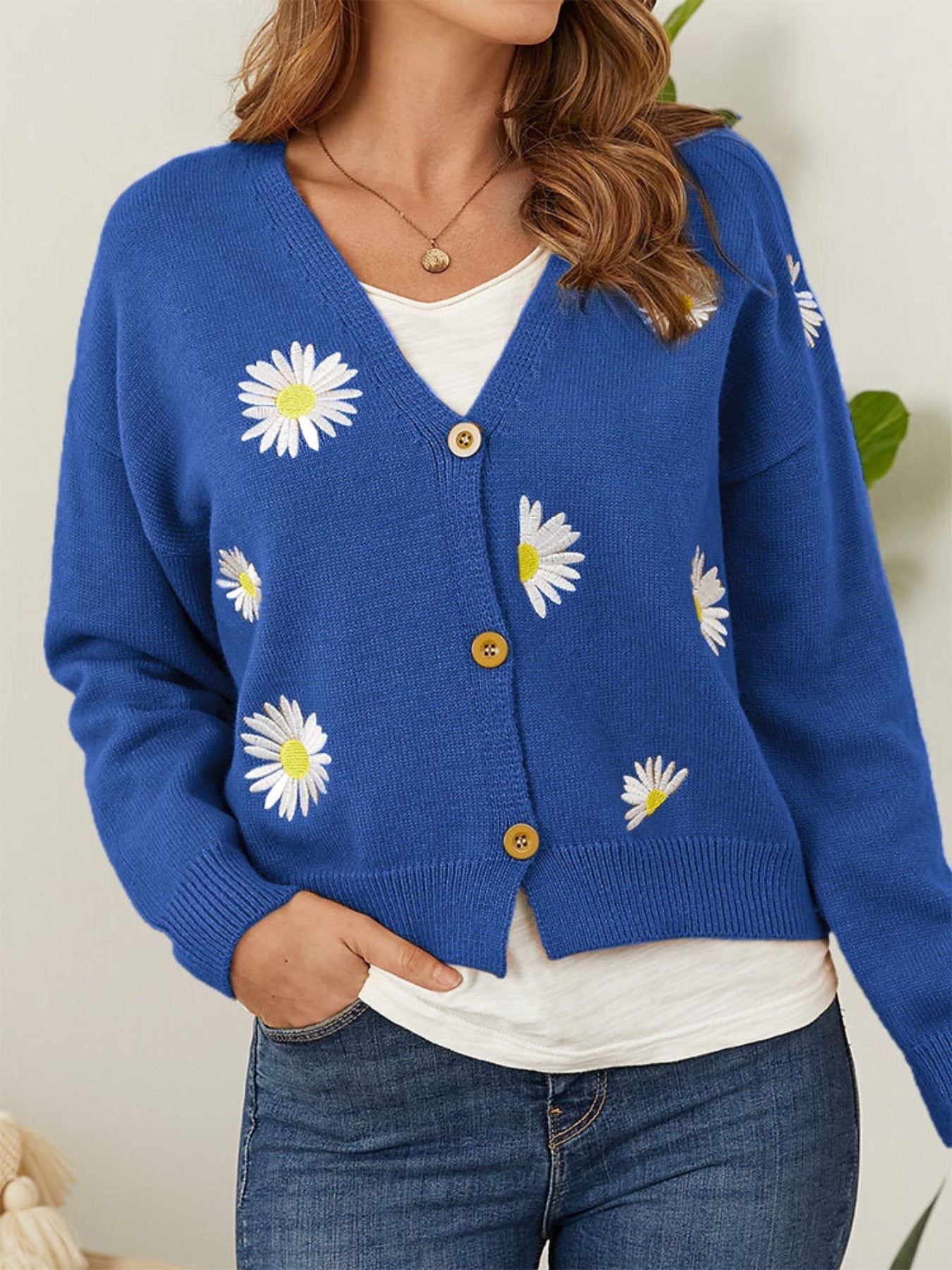 Daisy Pattern Embroidered Knitted Cardigan, Button Front Elegant Long Sleeve Sweater