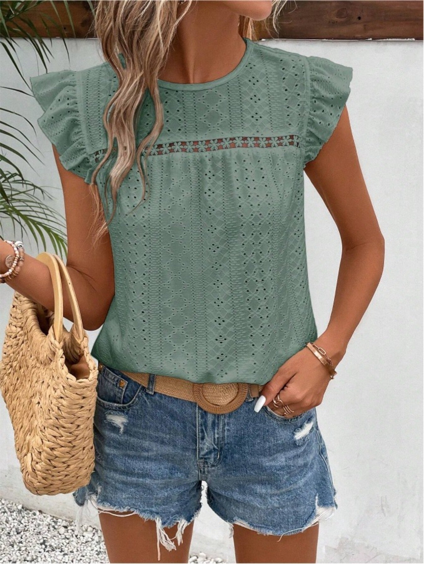 Solid Eyelet Ruffle Trim T-Shirt, Vintage Crew Neck T-Shirt