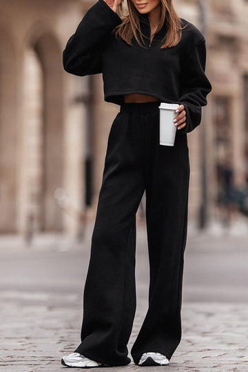 Black Zipped Collared Crop Top and Wide Leg Pants Set