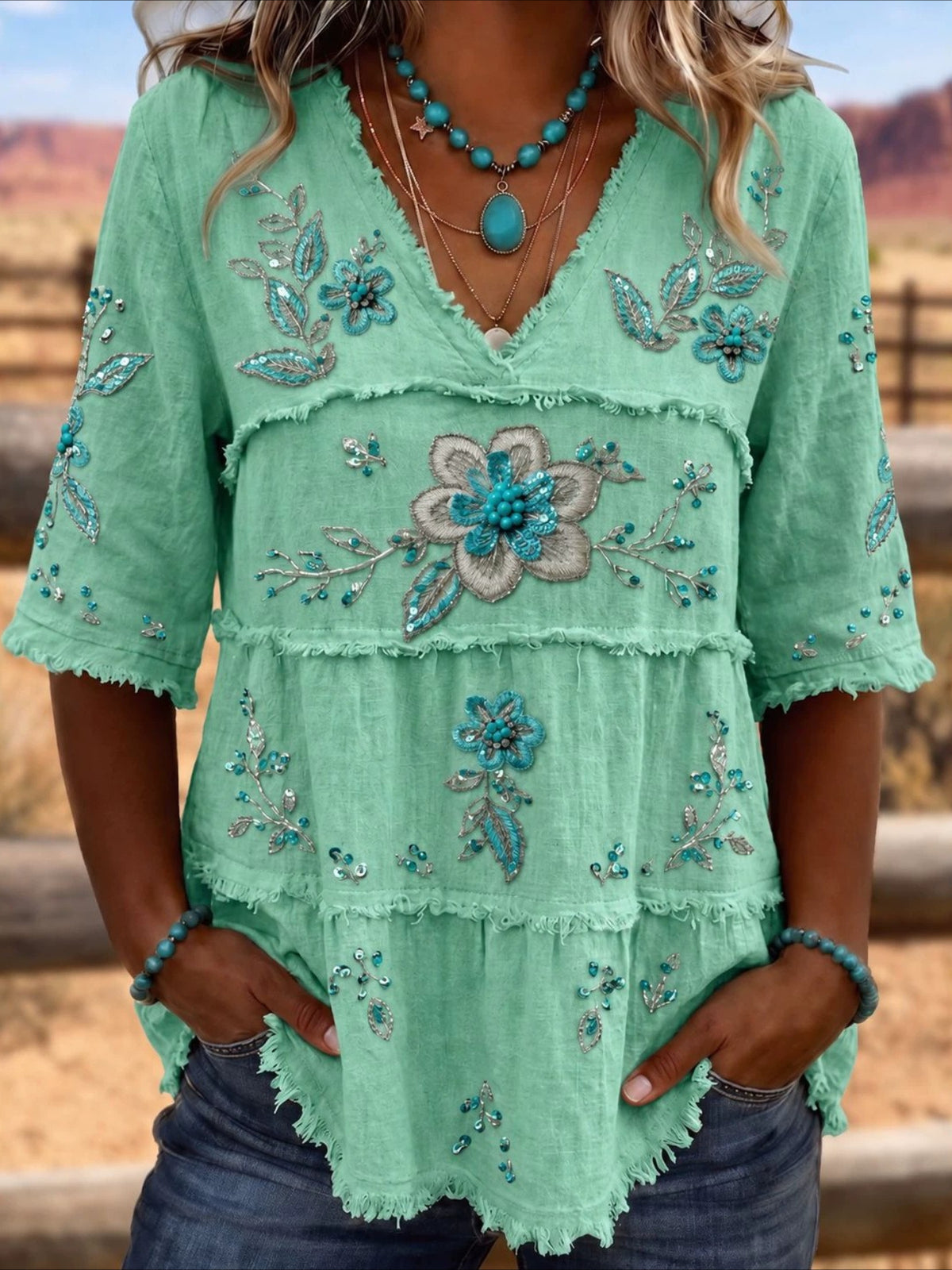 V Neck Floral Print Tiered Blouse with Frayed Trim