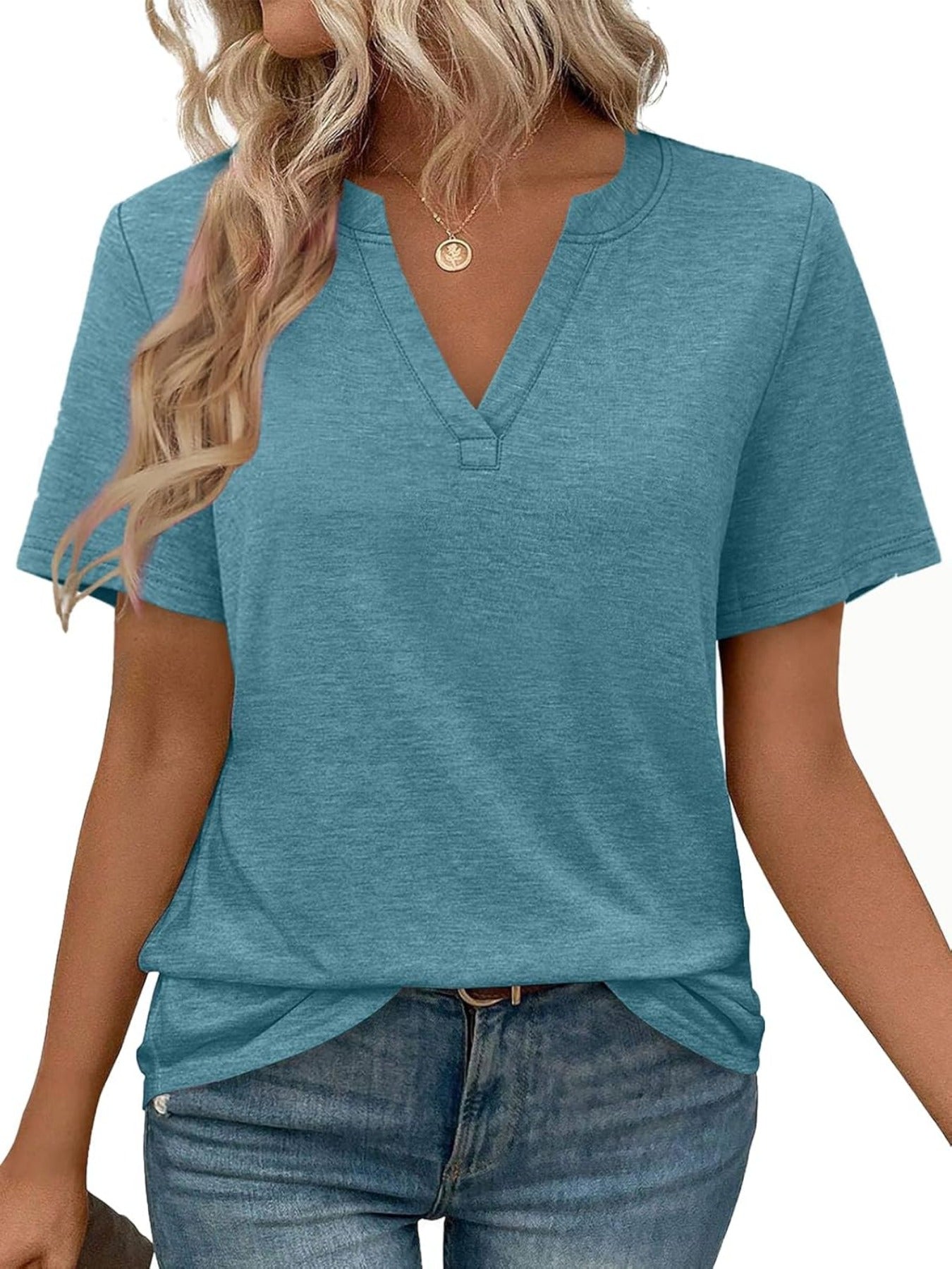 Solid Color Short Sleeve V Neck T Shirt