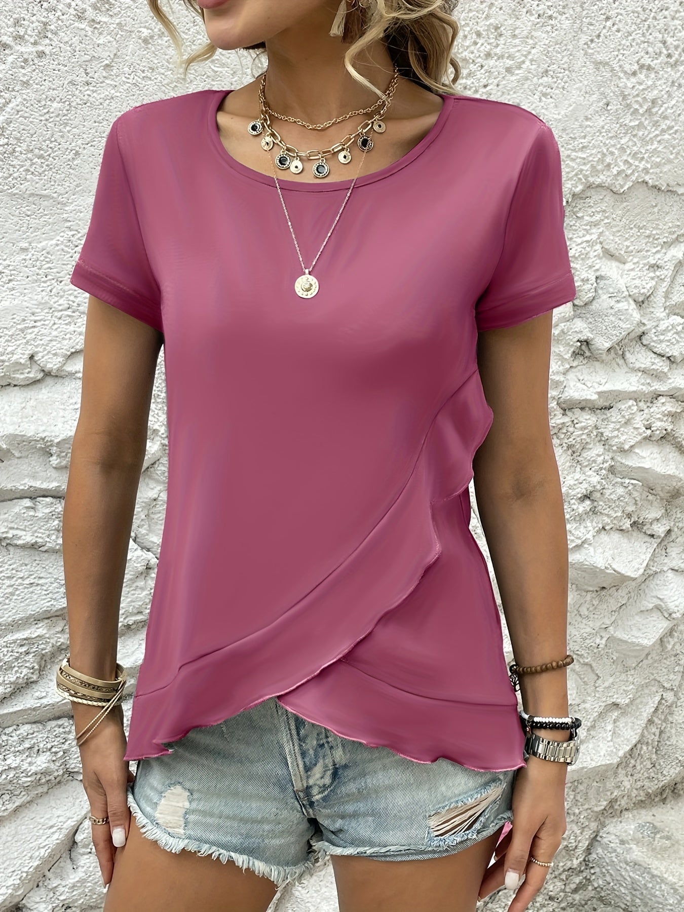 Asymmetrical Ruffle Hem T-Shirt, Casual Crew Neck Short Sleeve T-Shirt