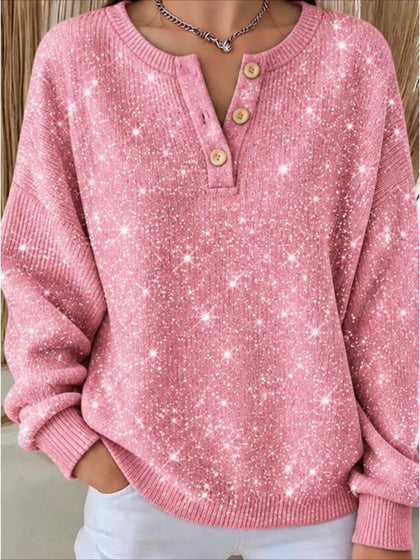 Christmas Button Crew Neck Long Sleeve Sweater