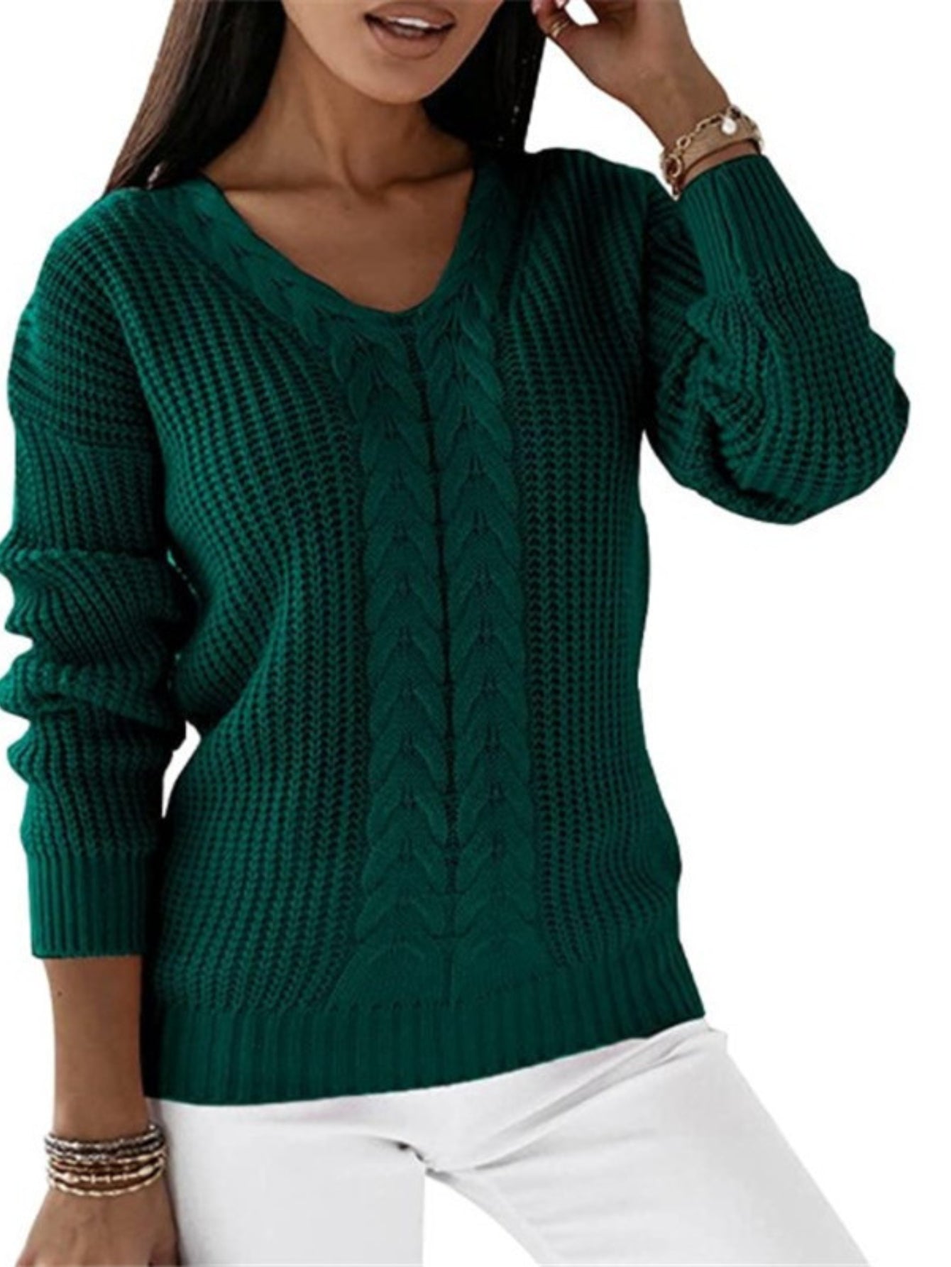 Cable Knit V Neck Sweater, Casual Long Sleeve Sweater