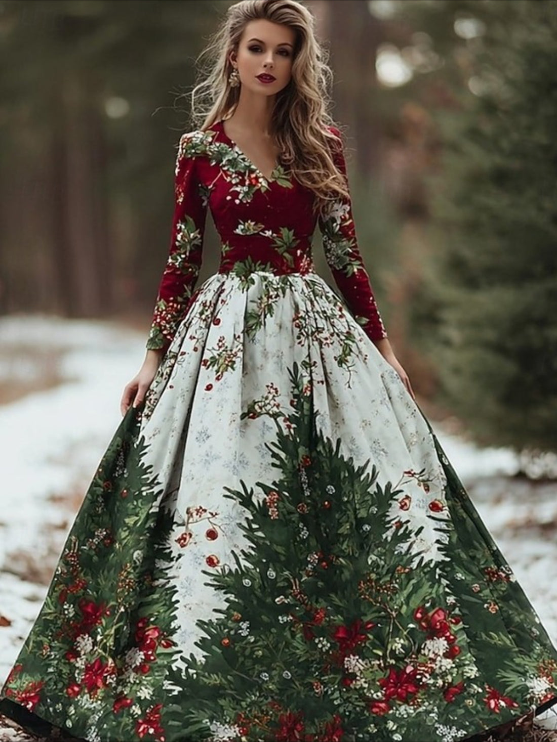 Christmas Snowflake Pleated Party Long Sleeve V Neck Maxi Dress