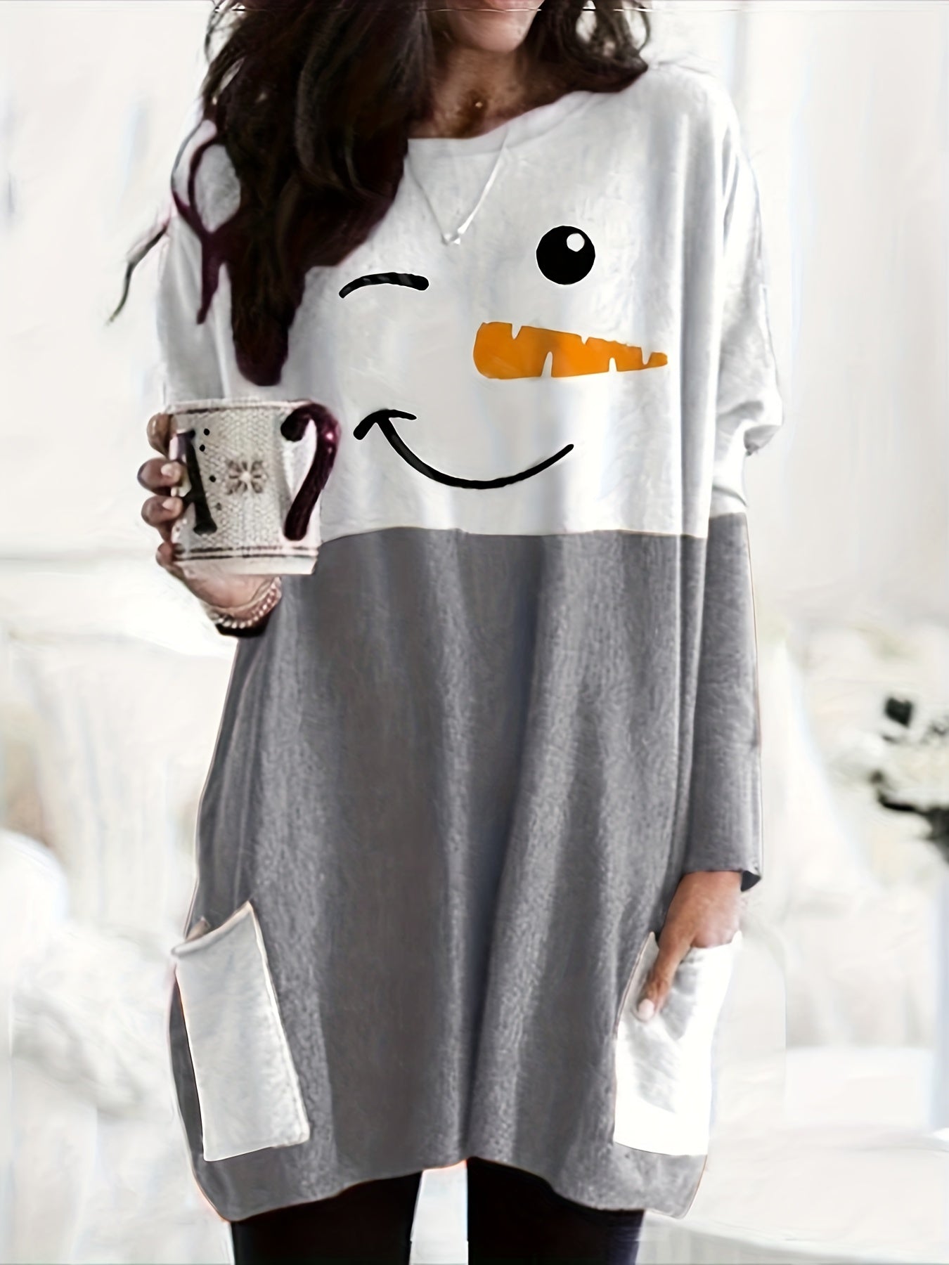 Christmas Cute Dress, Women's Snowman Print Long Sleeve Round Neck Tee Dress With Pockets