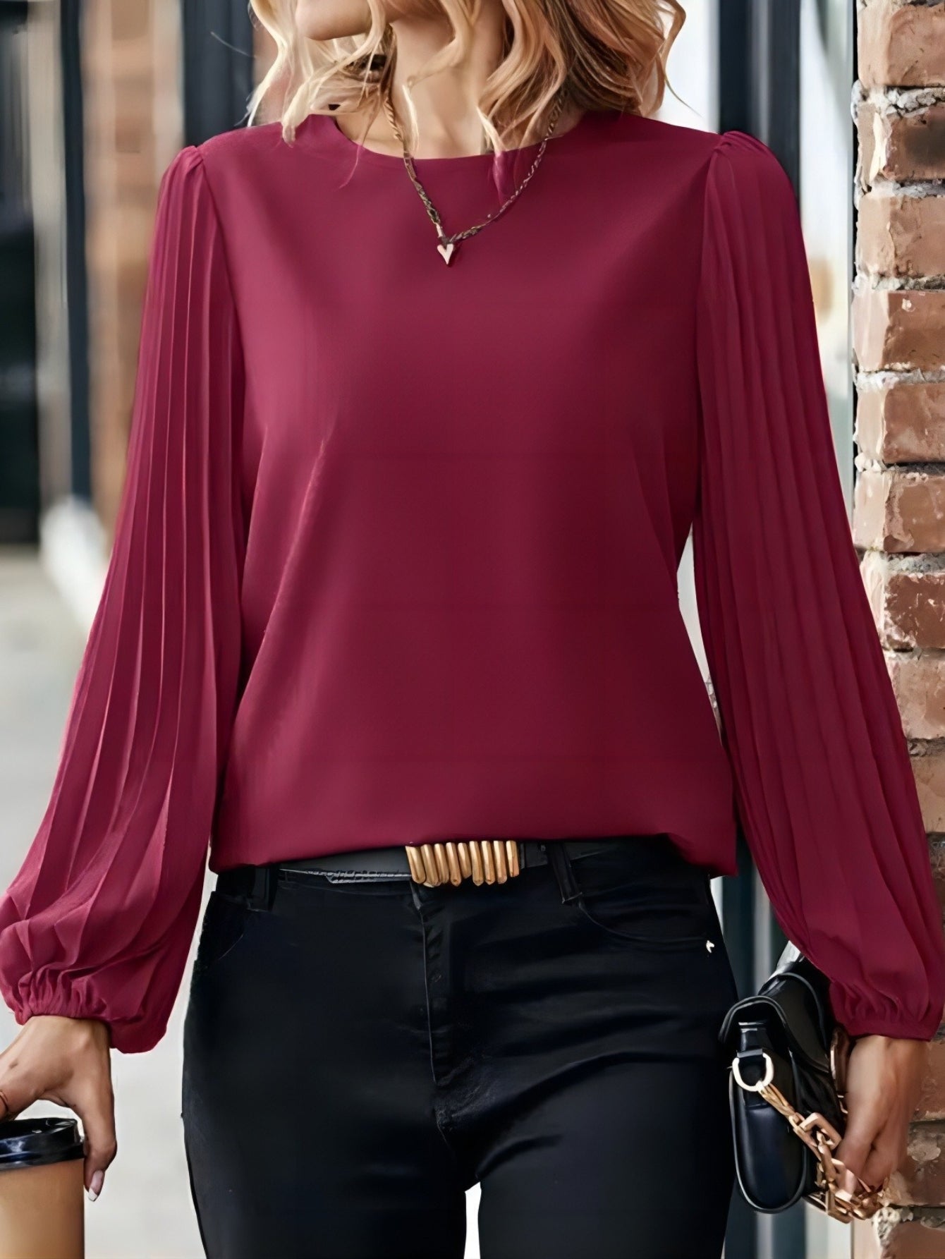 Elegant Round Neck Long Sleeve Blouse - Women's Polyester Shirt for Mature Ladies - Machine Washable, Non