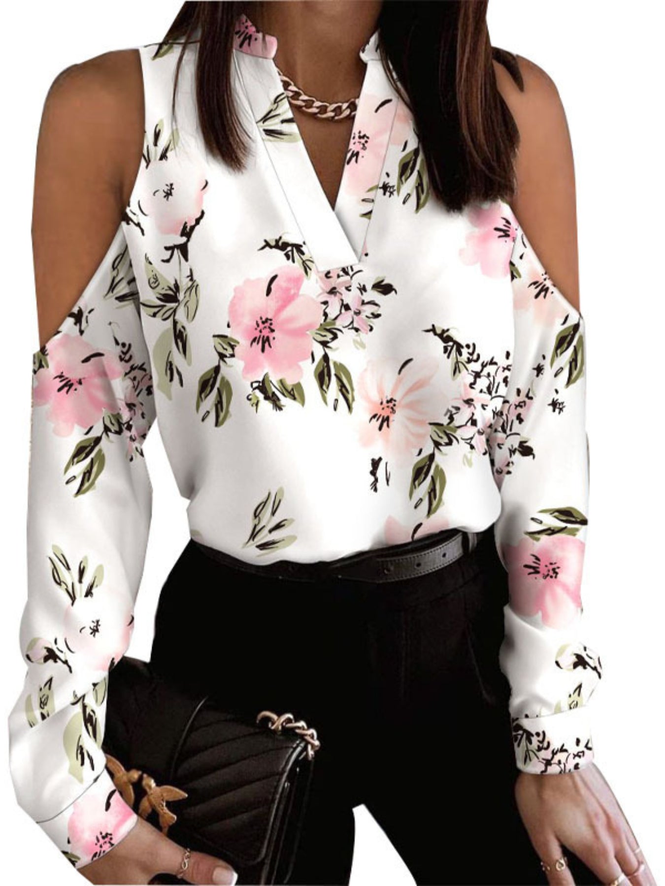 Heart Print Cold Shoulder Blouse, Casual V Neck Long Sleeve Blouse