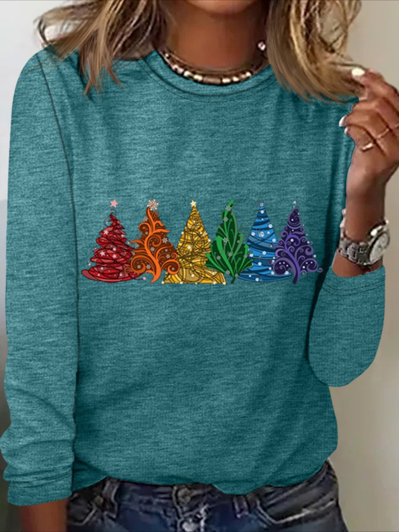 Christmas Tree Cotton-Blend Crew Neck Casual Long Sleeve Shirt