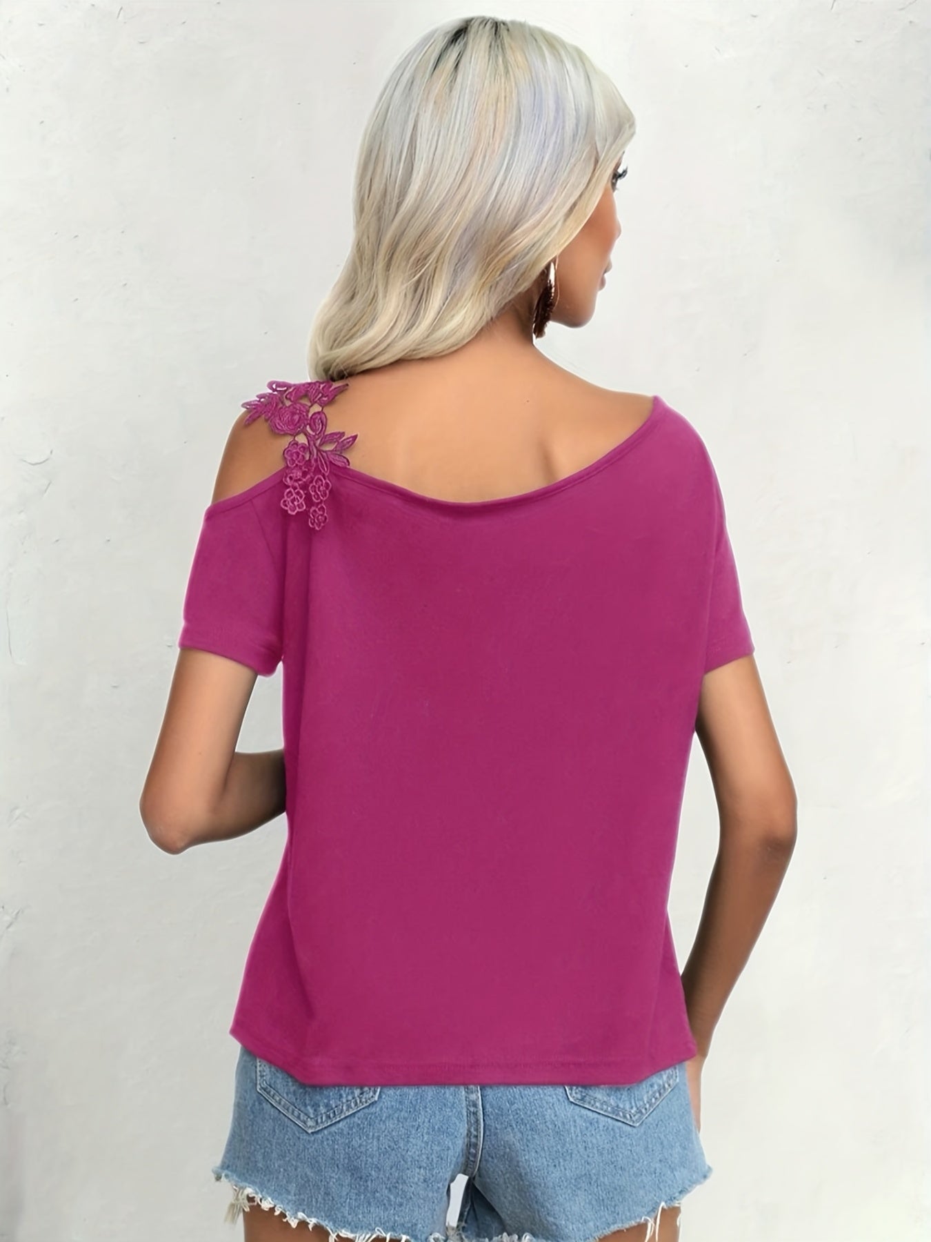 Women's Guipure Lace Asymmetrical Neck Short Sleeve T-Shirt