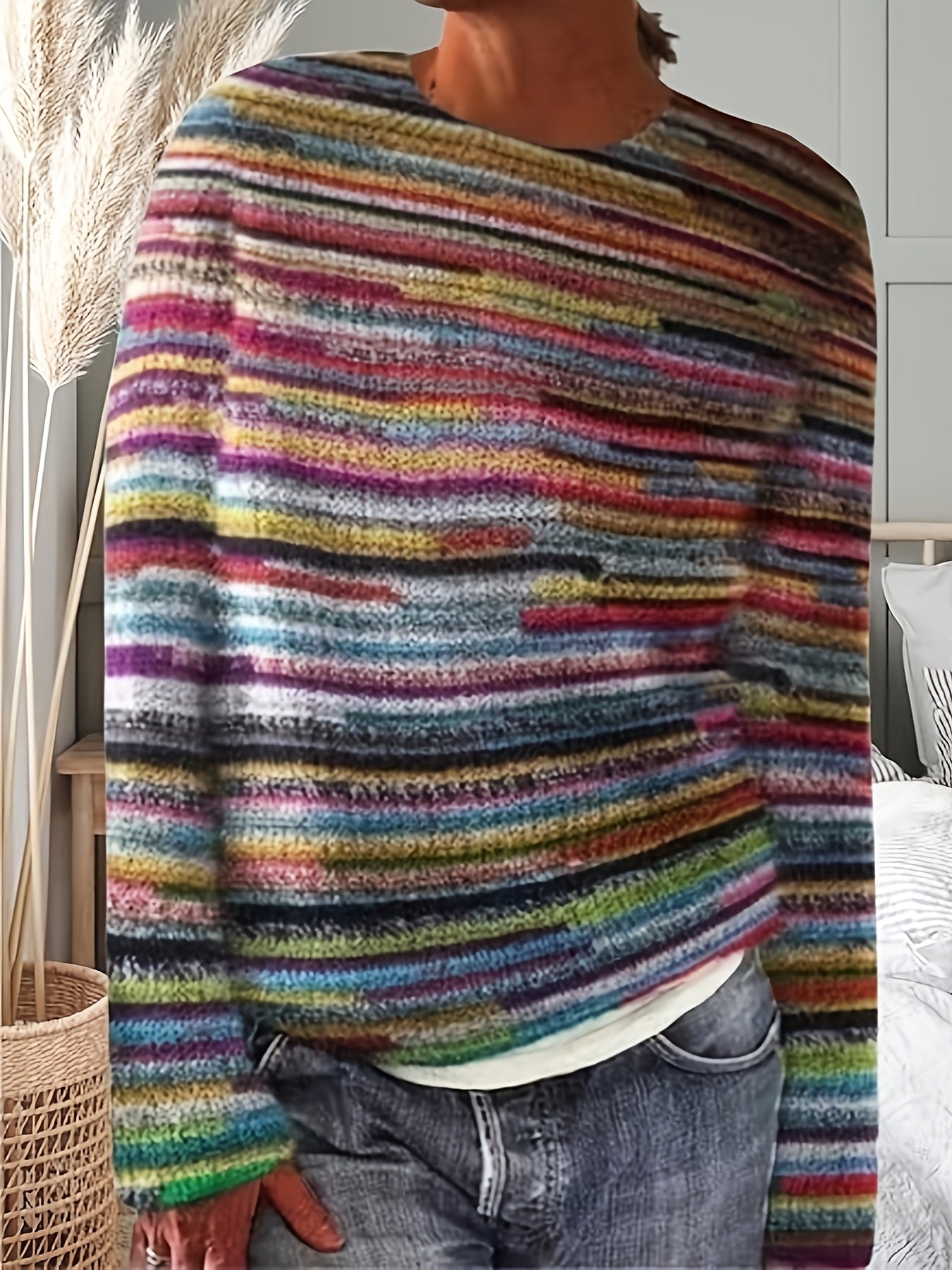 Elegant Color-Block Round Neck Long Sleeve Pullover Sweater