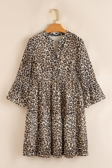 Khaki Leopard 3/4 Sleeve V Neck Swing Dress