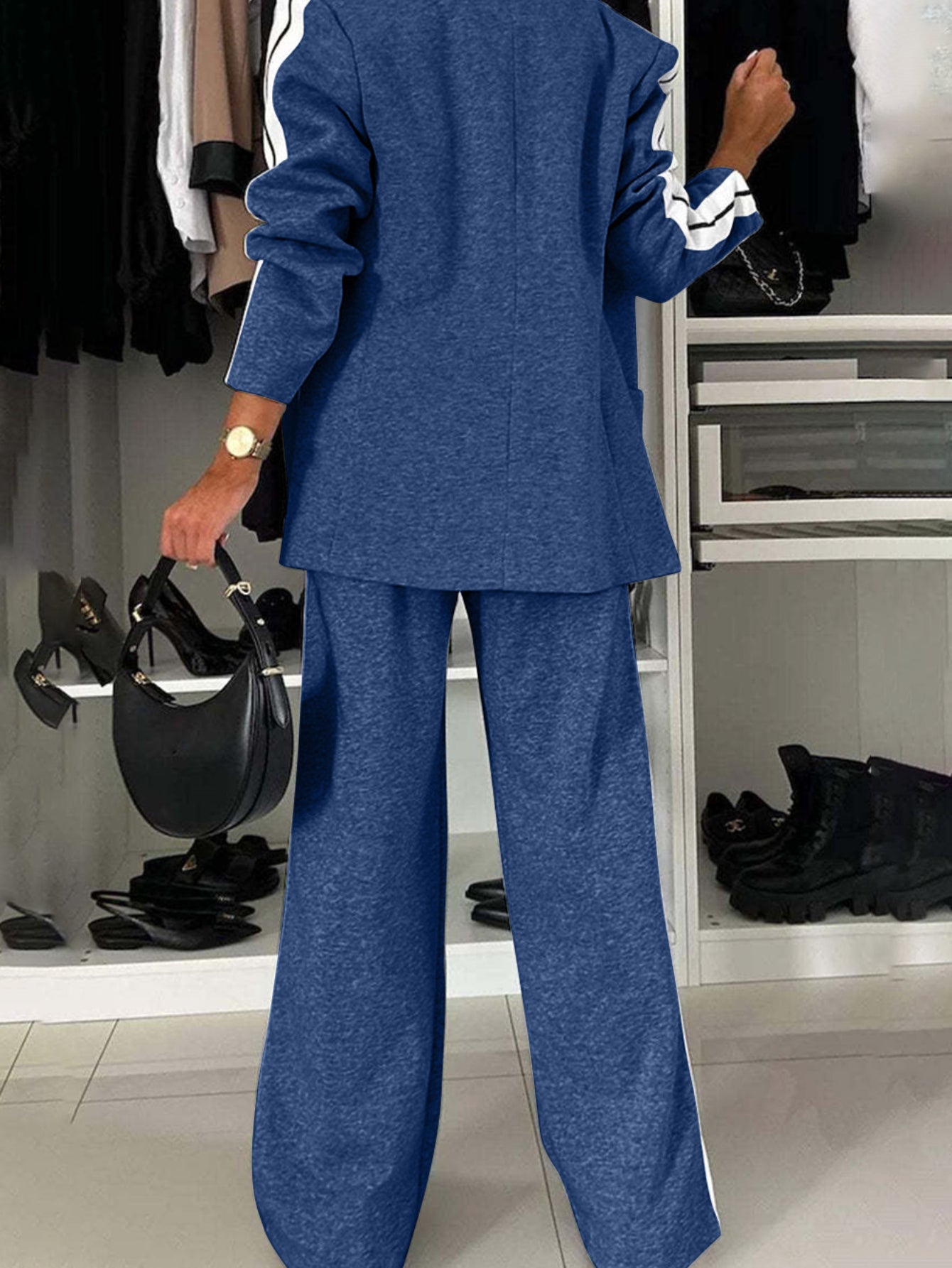 Full Size Contrast Lapel Collar Top and Pants Set