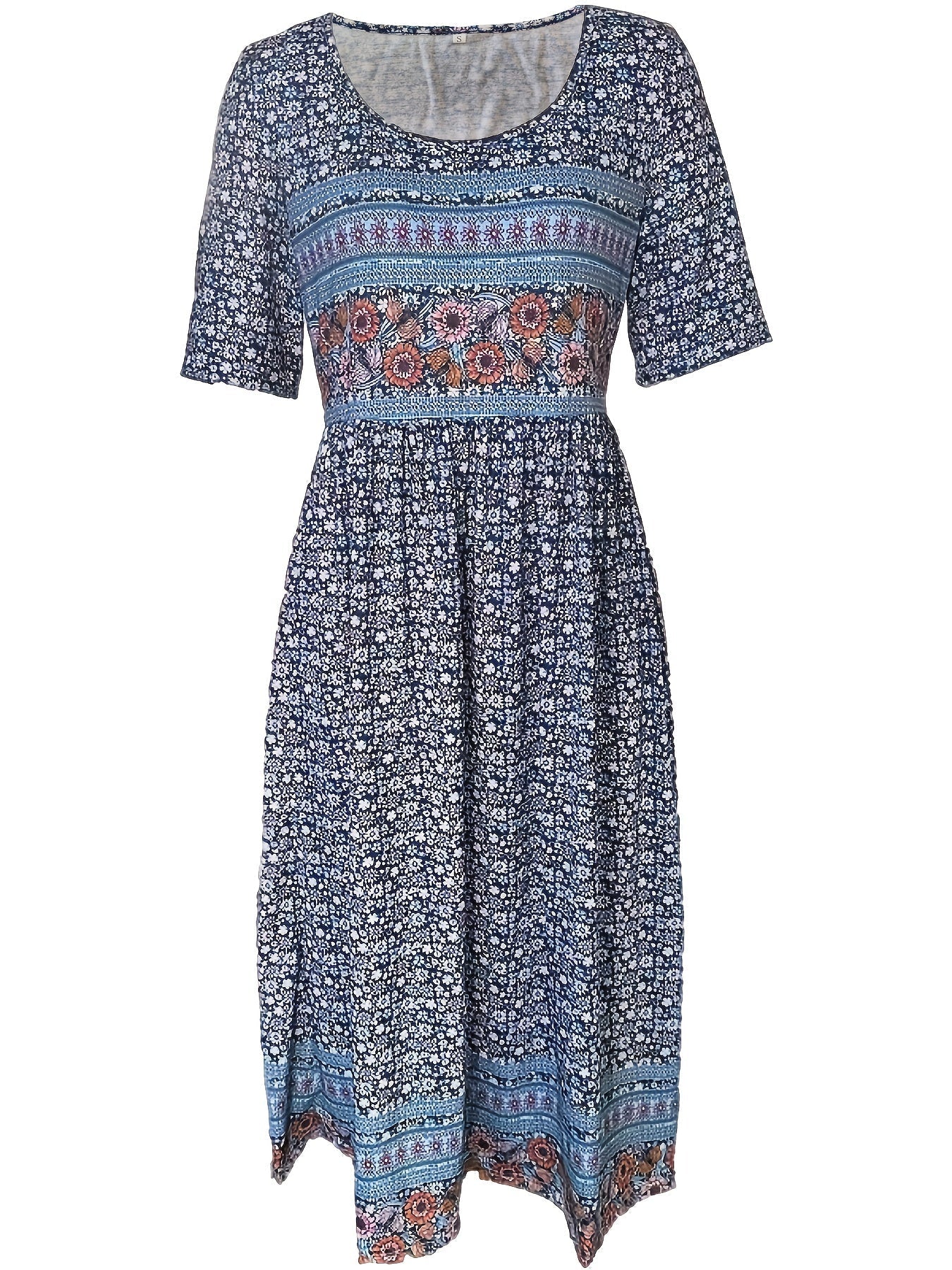 Floral Print Crew Neck Dress, Casual Short Sleeve Dress