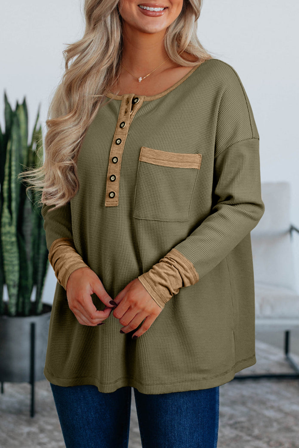 Vineyard Green Color Block Waffle Textured Tunic Henley Top with Slits