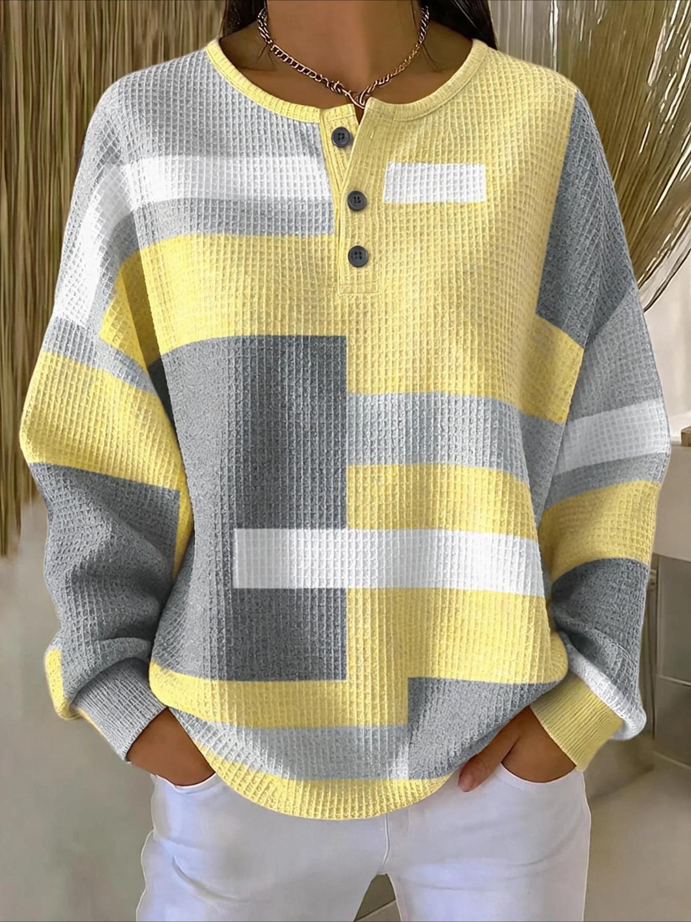 Abstract Graphic V Neck Long Sleeve Regular Tops