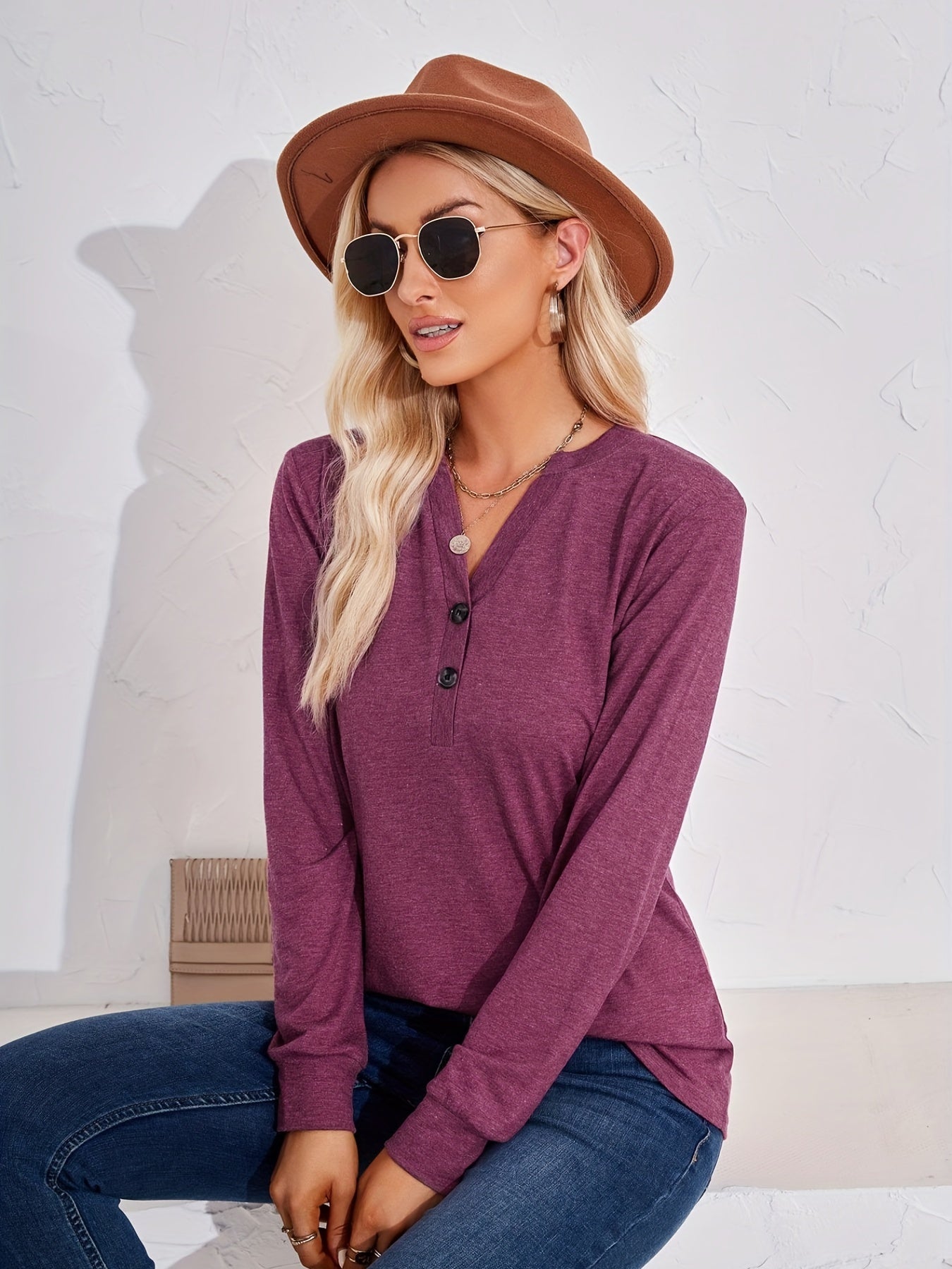 Solid Long Sleeve Button Decor Notched Neck Slight Stretch Tee