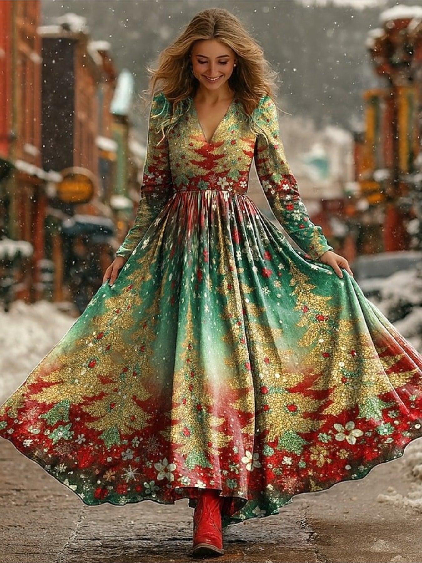 Christmas Pleated Party Long Sleeve V Neck Maxi Dress