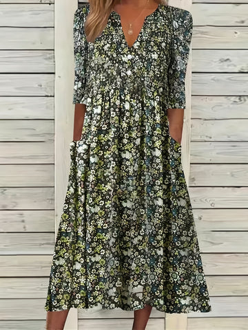 Ditsy Floral Print V Neck Dress, Casual Ruched Summer Dress With Pockets