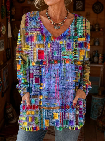 Long Sleeve Spring/Fall Floral Printing V Neck Daily Going Out Vintage Top