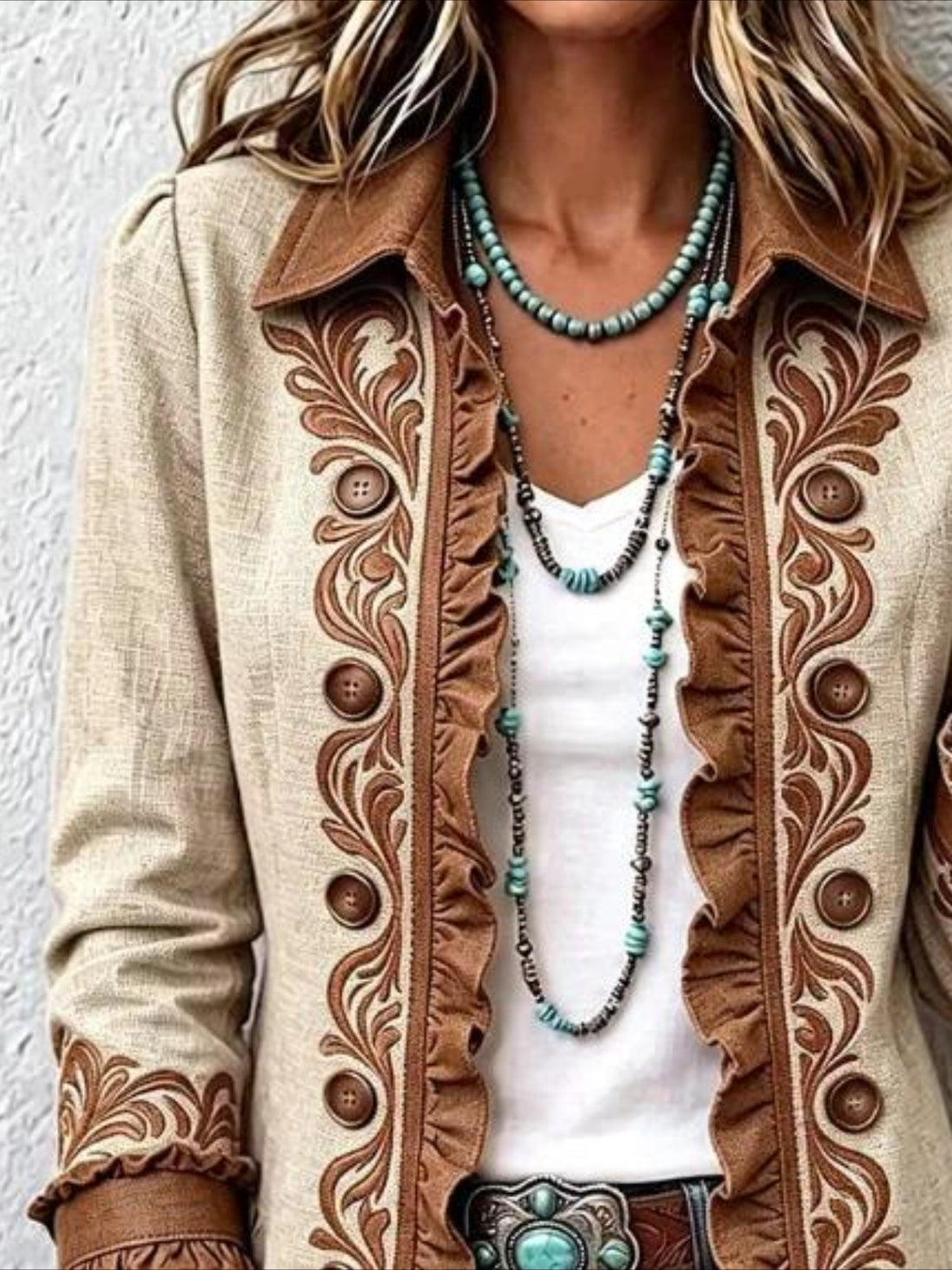 Totem Prints Long Sleeve Ruffle Edge Open Button Cardigan Coat