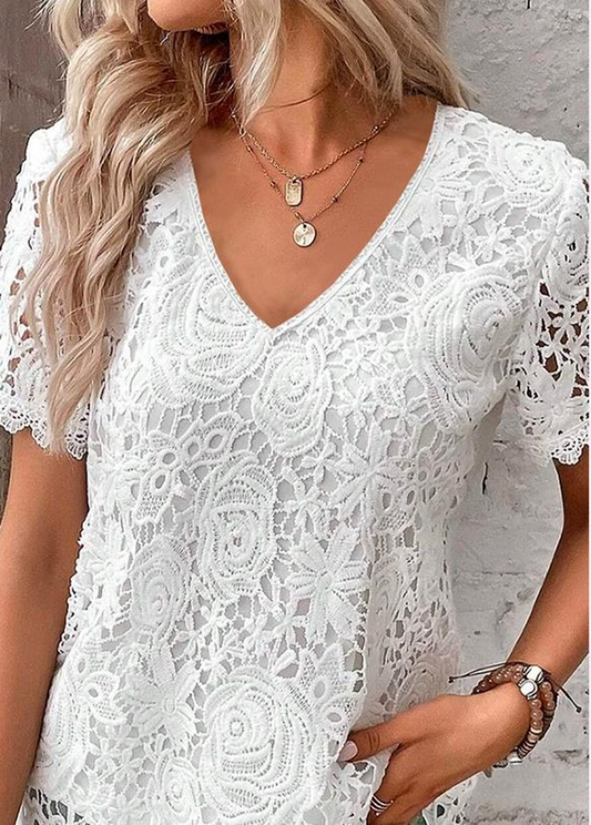 Solid Color Lace Jacquard Short Sleeve T-Shirt