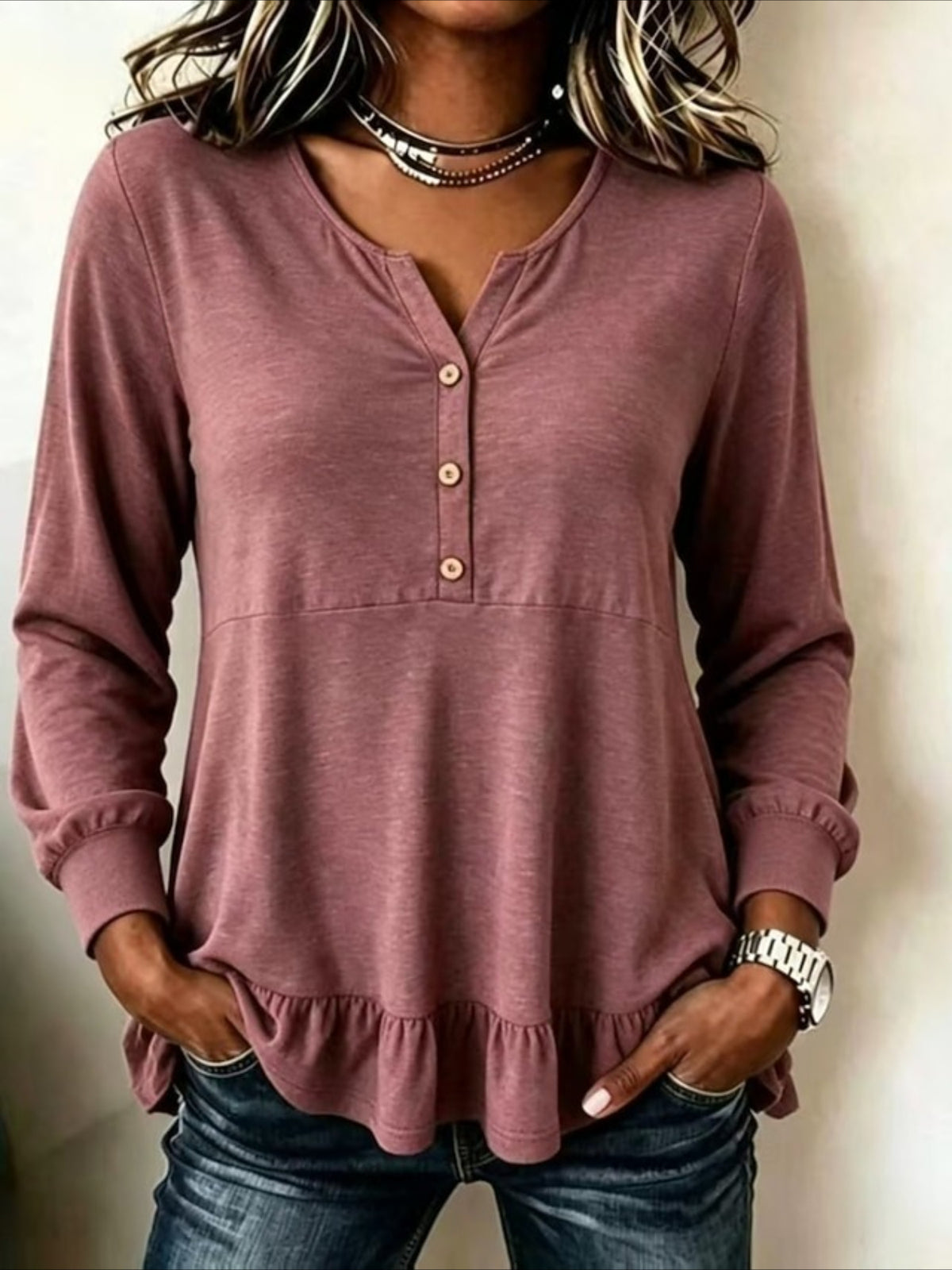 Ruffle Solid Color Plain Elegant Ladies Casual Long Sleeve Henry Collar Regular Tops