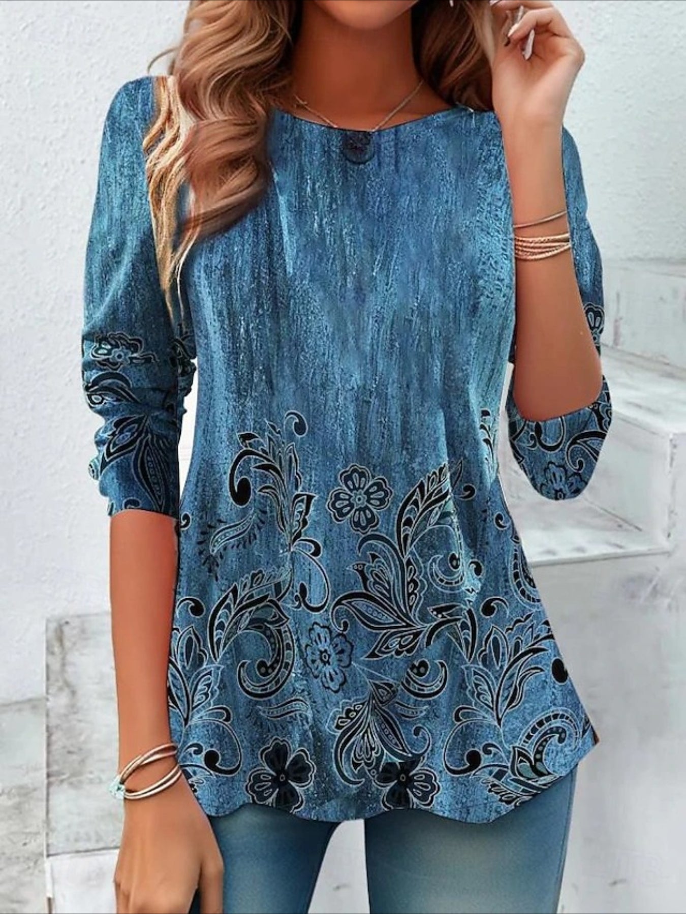 Flower Printed Casual Crew Neck Long Sleeve T-shirt