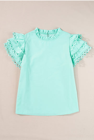 Mint Green Layered Ric Rac Cap Sleeve Frilled Neck Blouse