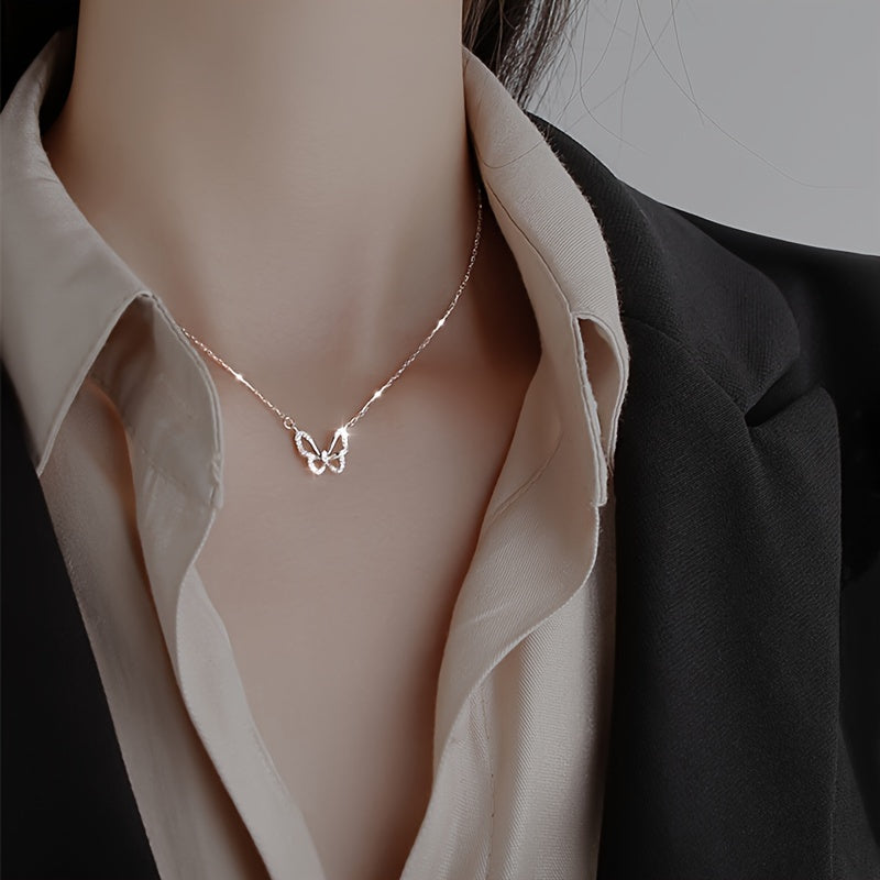 1pc Mini Hollow Out Butterfly Pendant Thin Chain Necklace Elegant Neck Jewelry