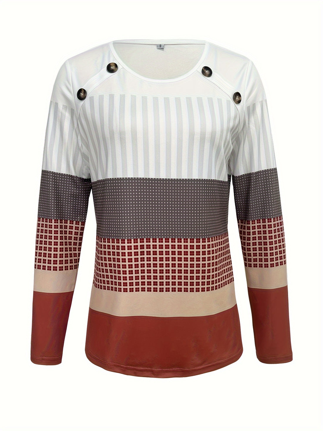 Vibrant Color Block Button Decor T-Shirt - Stylish Long Sleeve Casual Wear