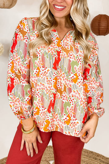 Orange Printed Split V Neck Puff Sleeve Blouse