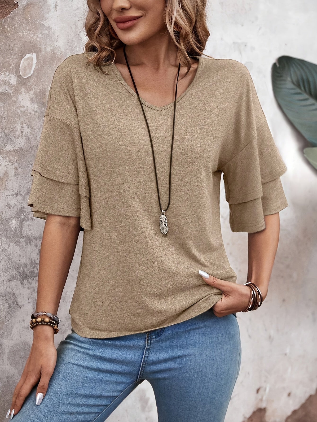 Casual Solid Color Flare Sleeve V Neck T-Shirt