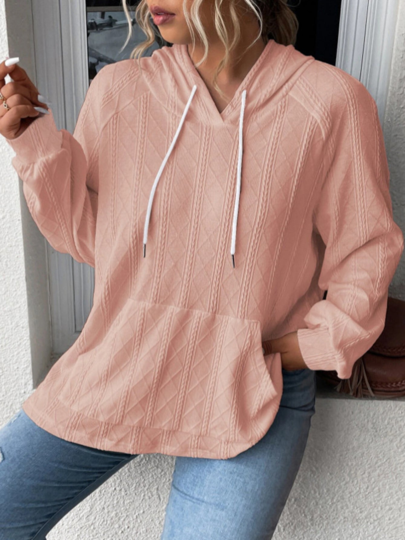 Solid Textured Long Sleeve Drawstring Hooded Pullover Sweatshirt With Kangaroo Pockets