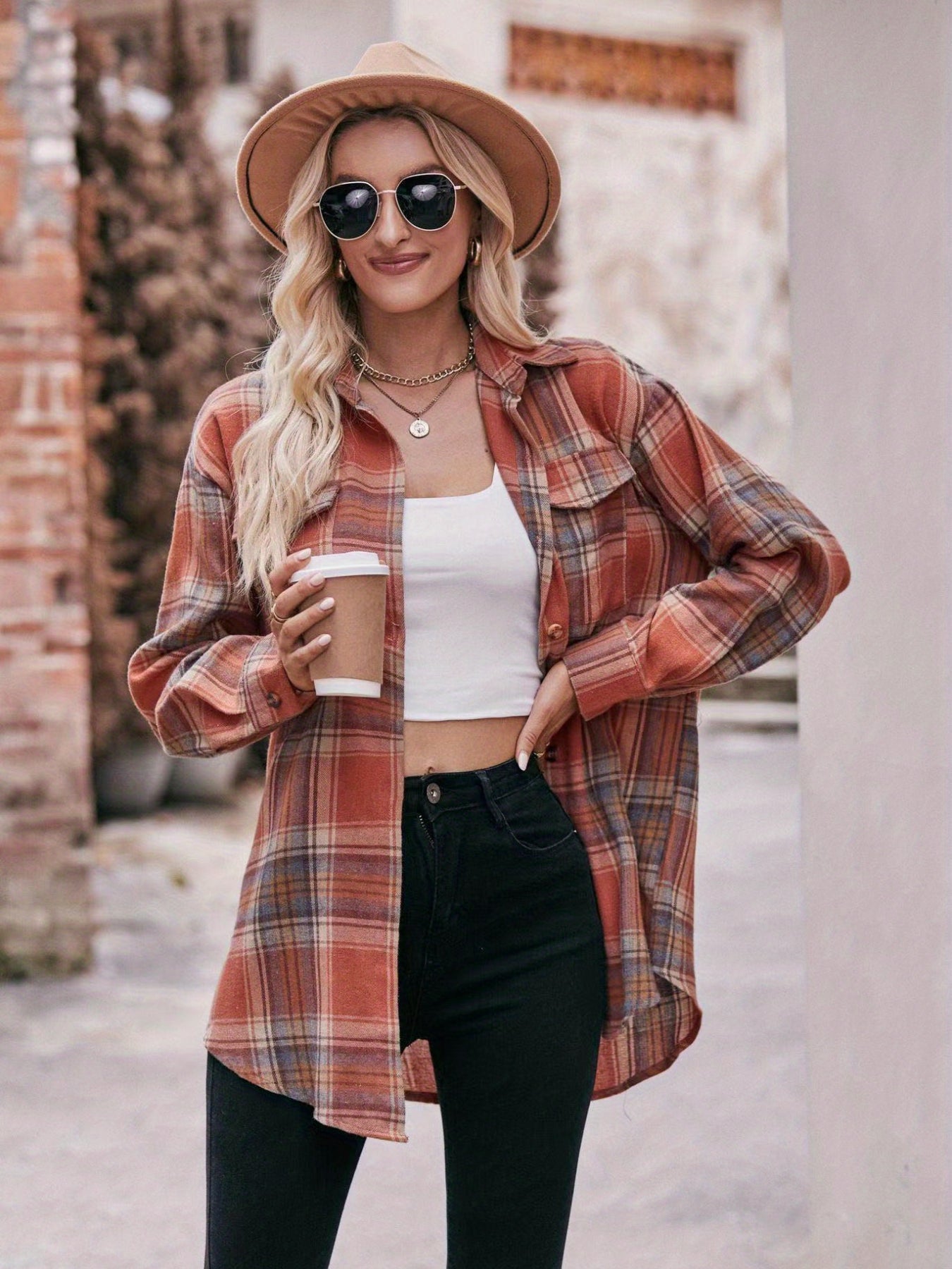 Plaid Print Polo Collar Button Shirt, Casual Long Sleeve Shirt