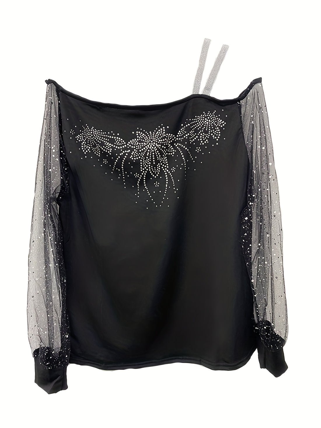 Rhinestones Floral Asymmetrical T-Shirt, Casual Cold Shoulder Mesh Long Sleeve Top