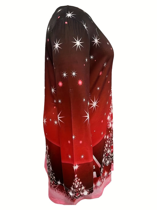 Christmas Casual Top, Women's Tree Print Long Sleeve Round Neck Medium Stretch Tunic Top