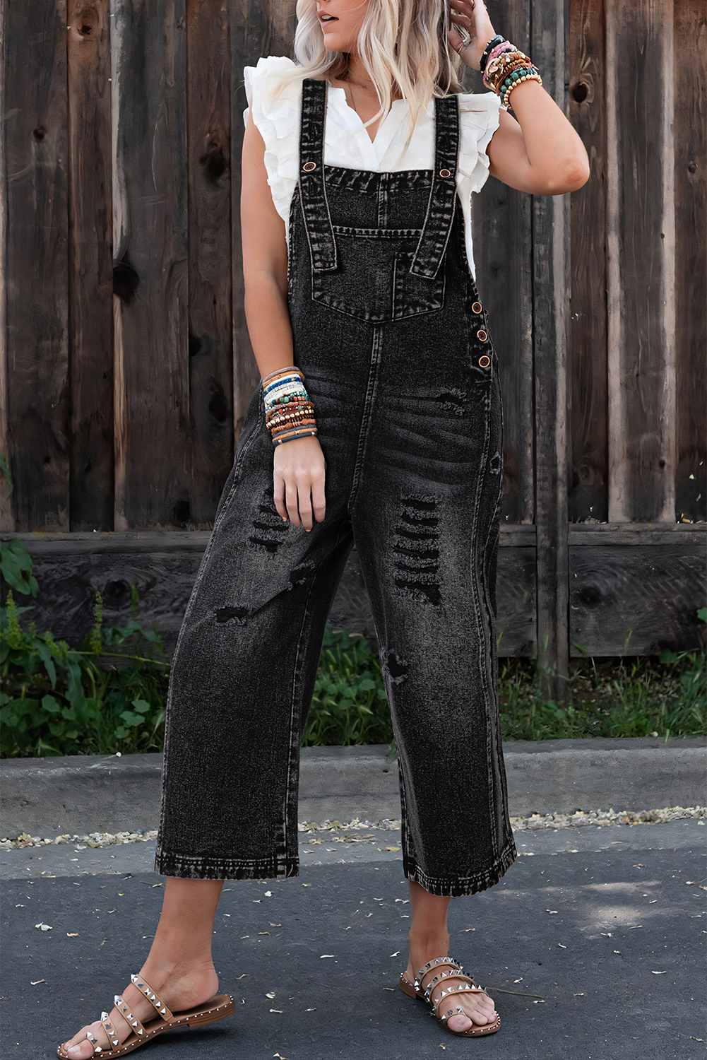 Black Distressed Bib Pocket Wide Leg Denim Overall