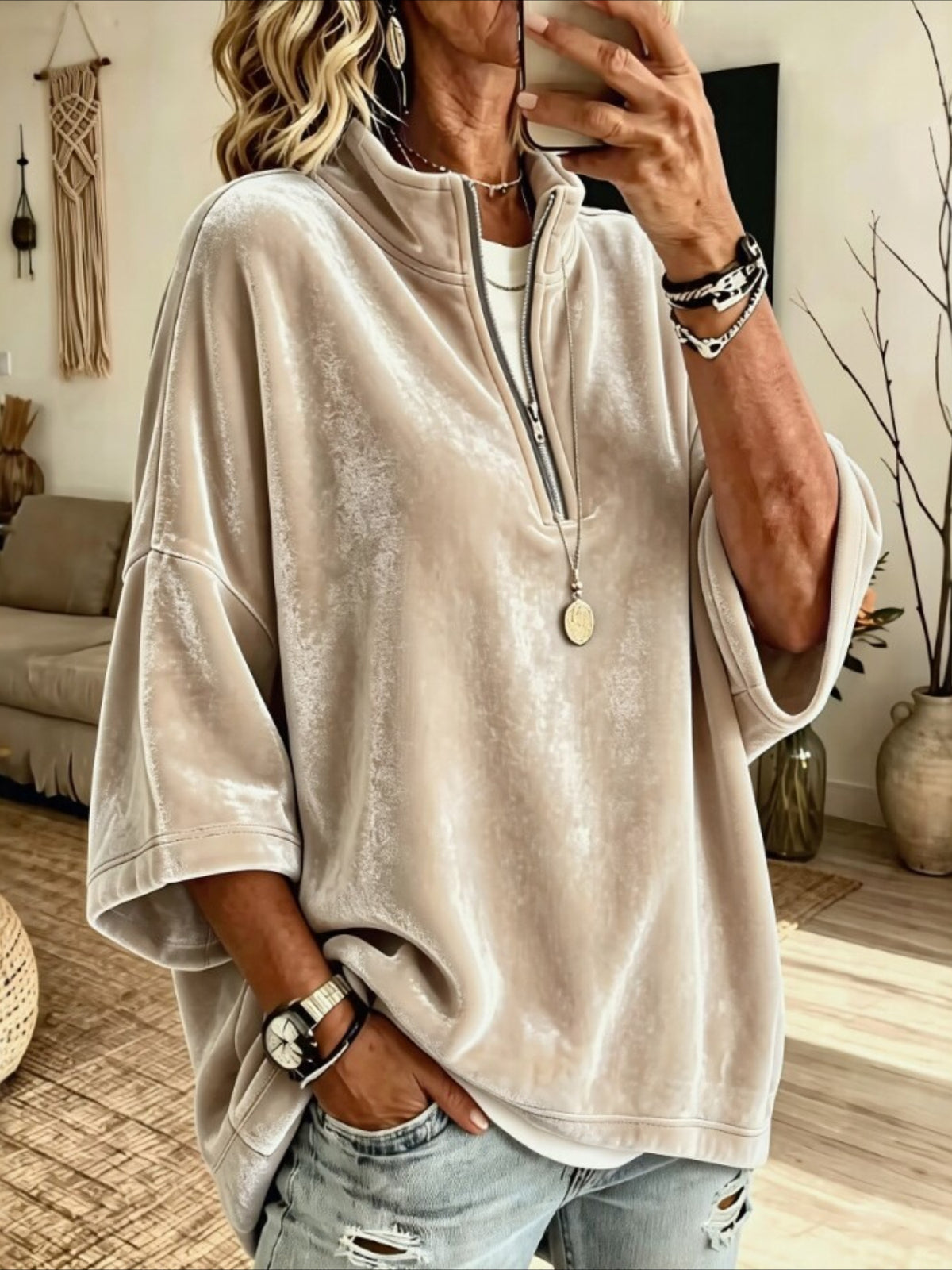 Half-Zip Velvet Top with Three-Quarter Batwing Sleeves