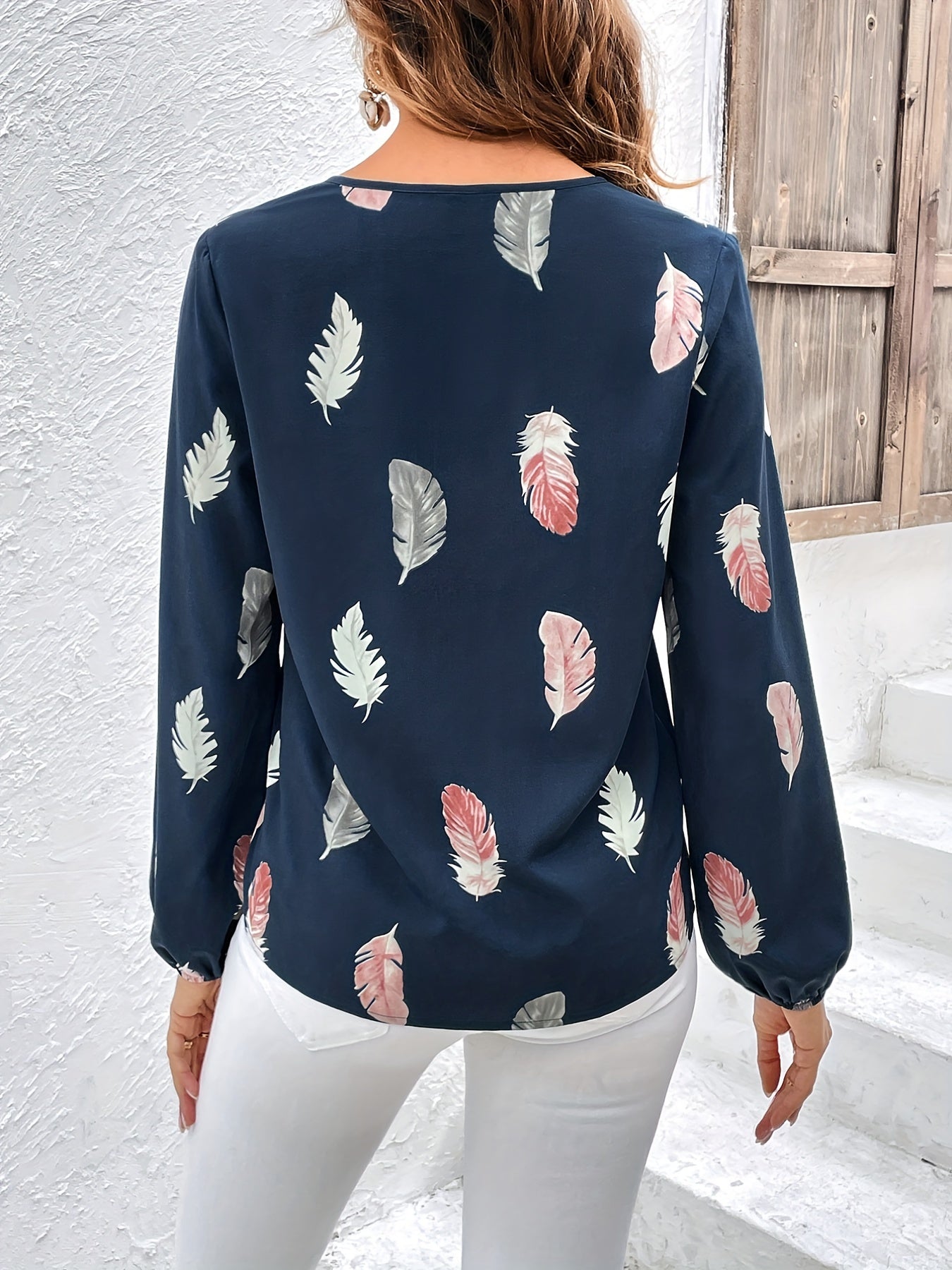 Feather Printed V-neck Loose Shirts, Casual Long Sleeve Fashion Shirts