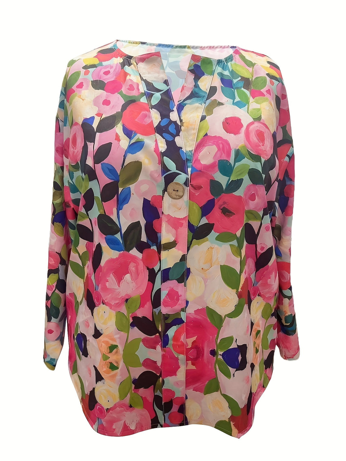 Floral Print Decorative Fake Buttons Notched Collar Blouse