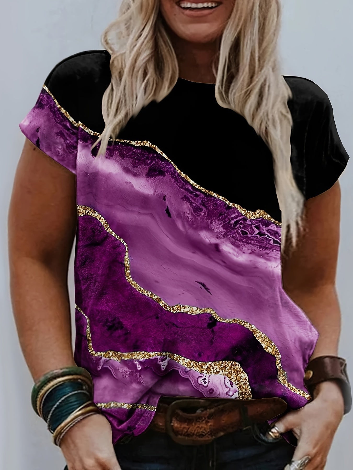 Colorblock Marble Print T-Shirt - Comfortable and Stylish Short Sleeve Tee