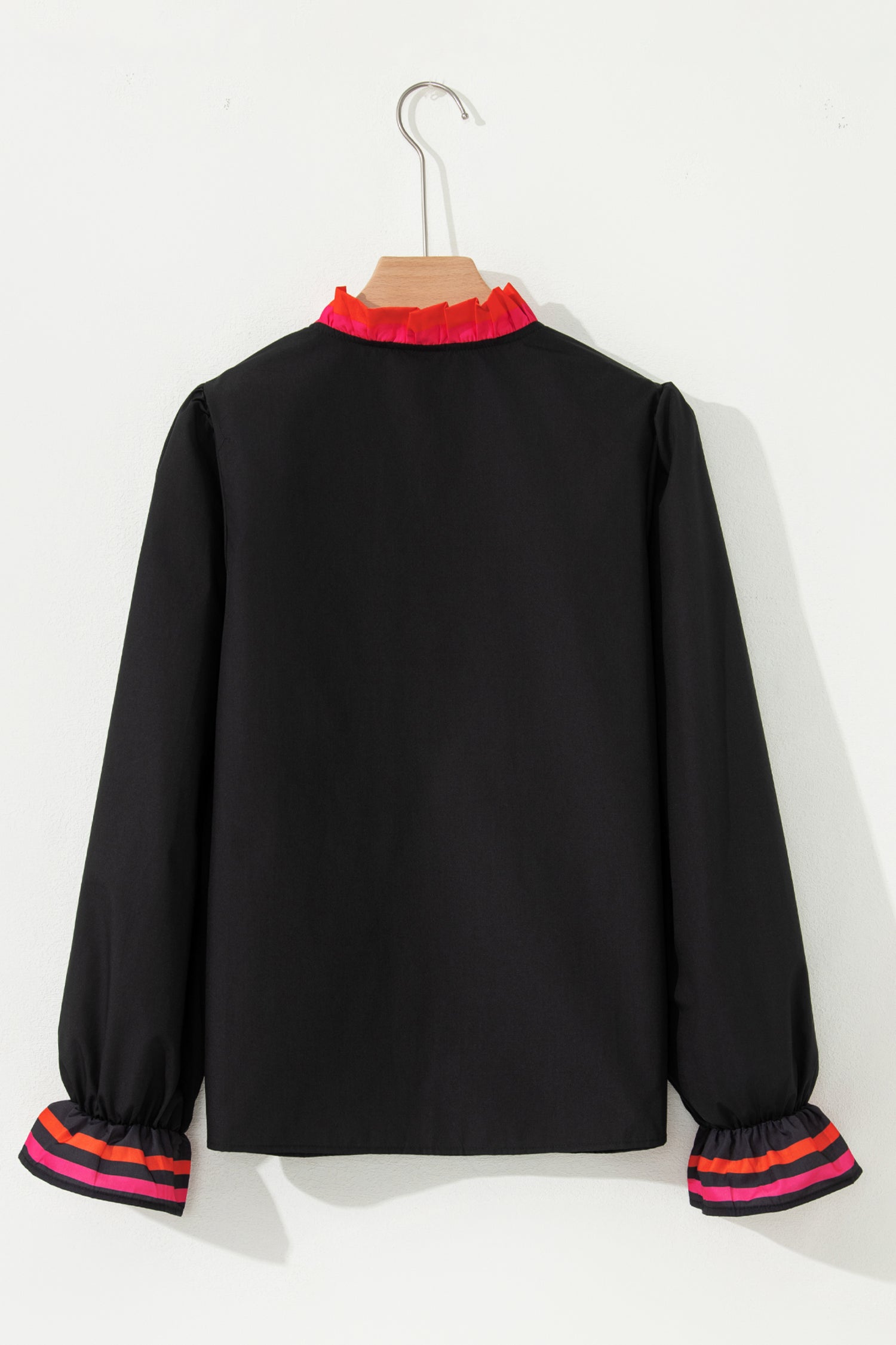 Black Striped Trim Ruffle Split Neck Long Sleeve Blouse