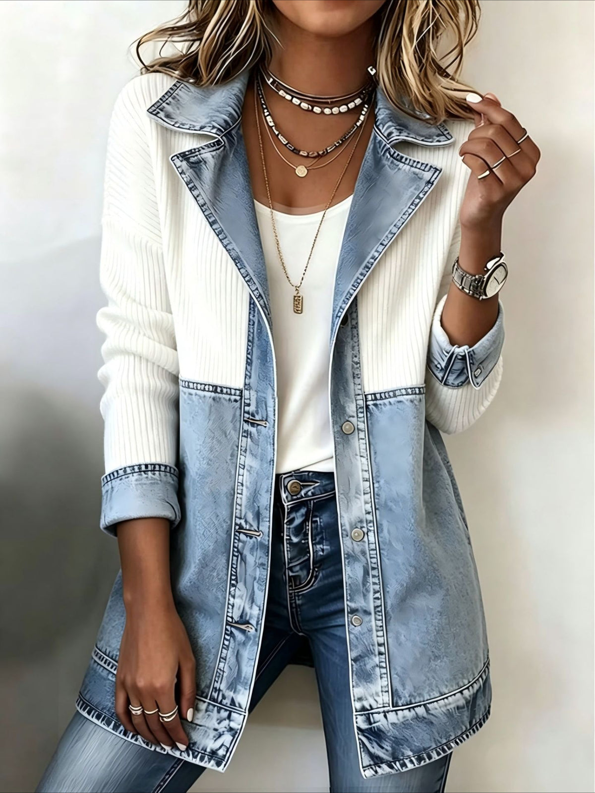 Lapel Collar Denim-Look Panel Longline Knit Jacket