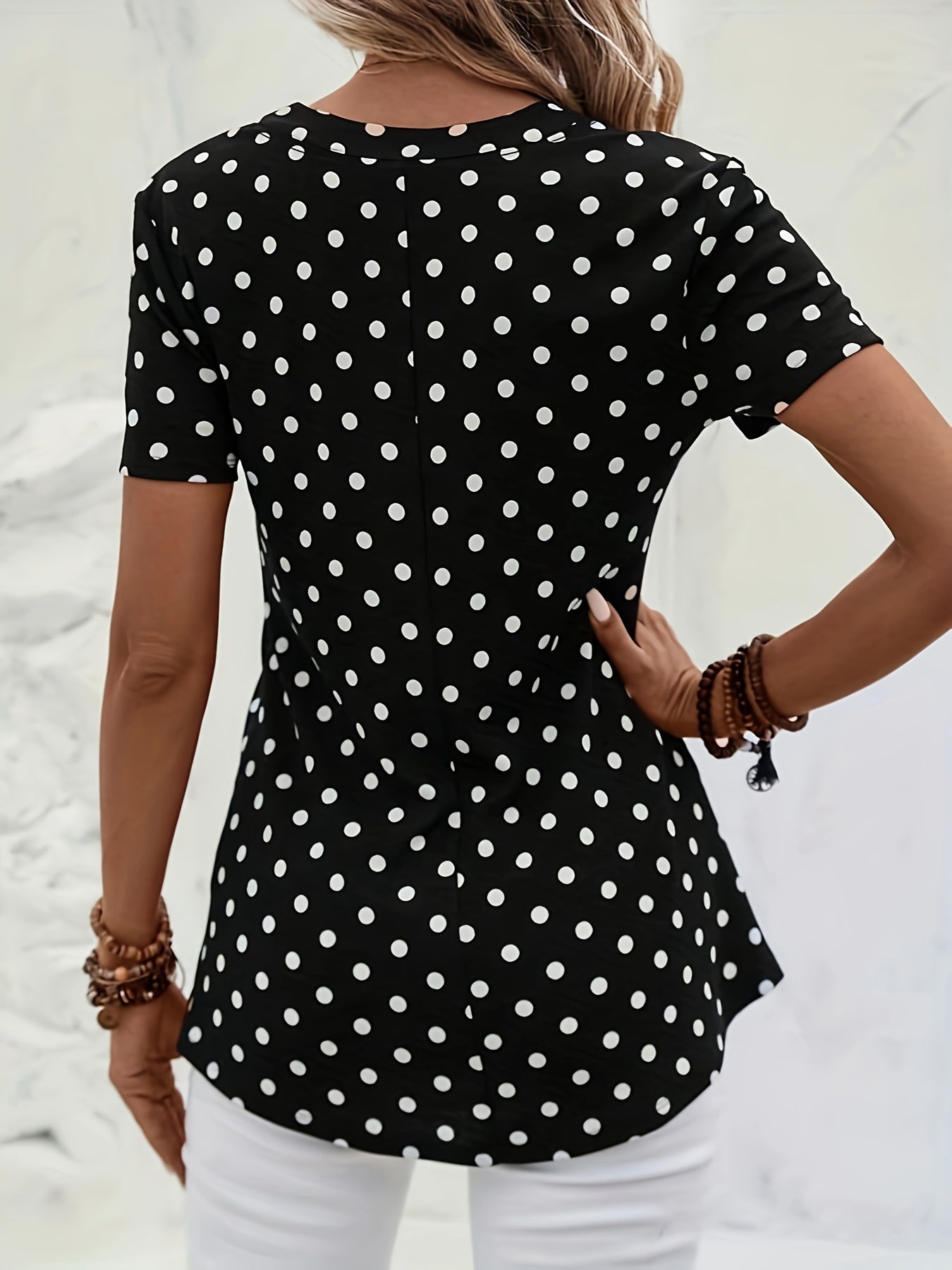 Polka Dots Print V Neck Blouse, Elegant Zipper Front Short Sleeve Blouse