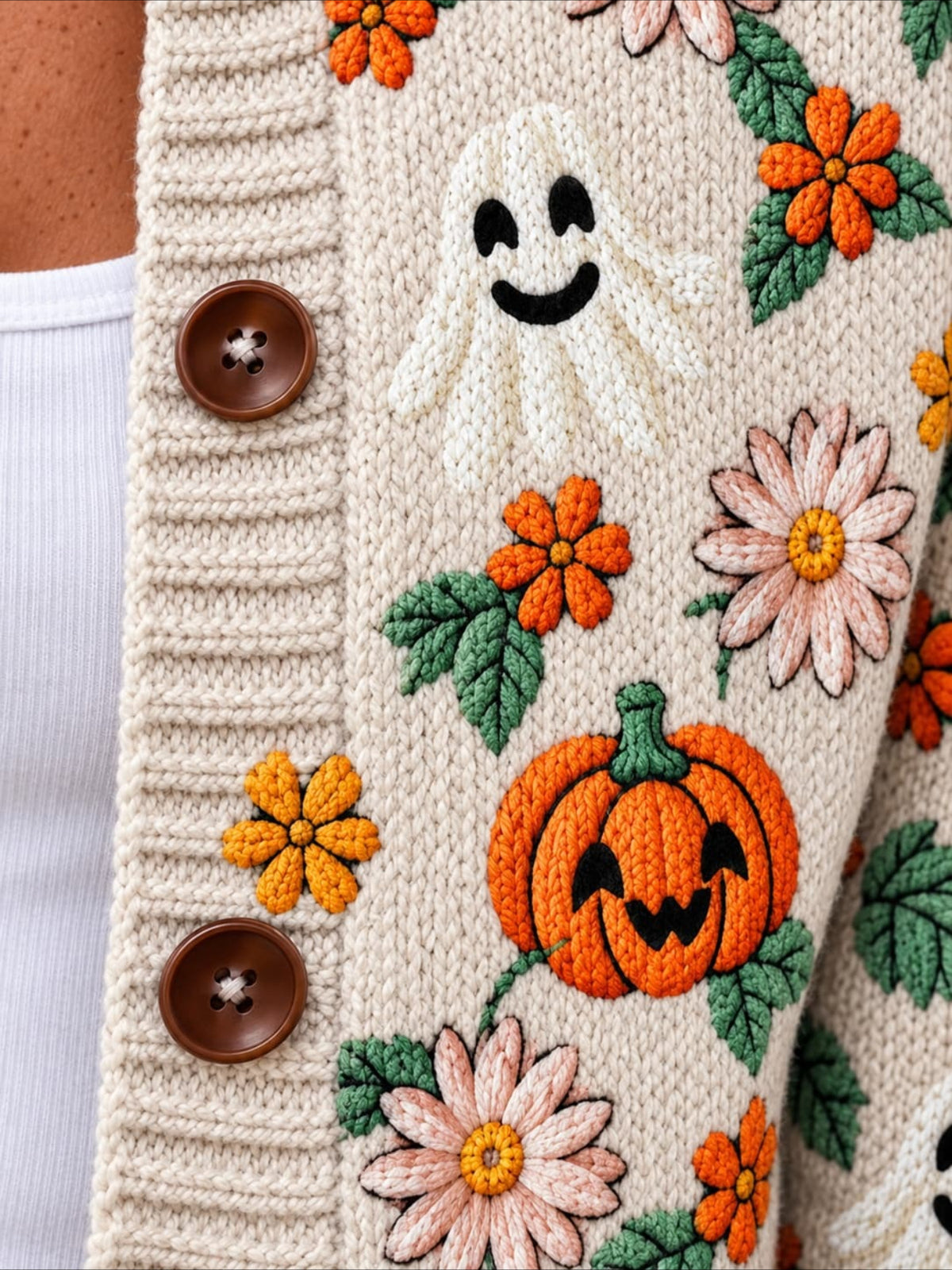 Halloween Crew Neck Long Sleeve Printed Cardigan Sweater